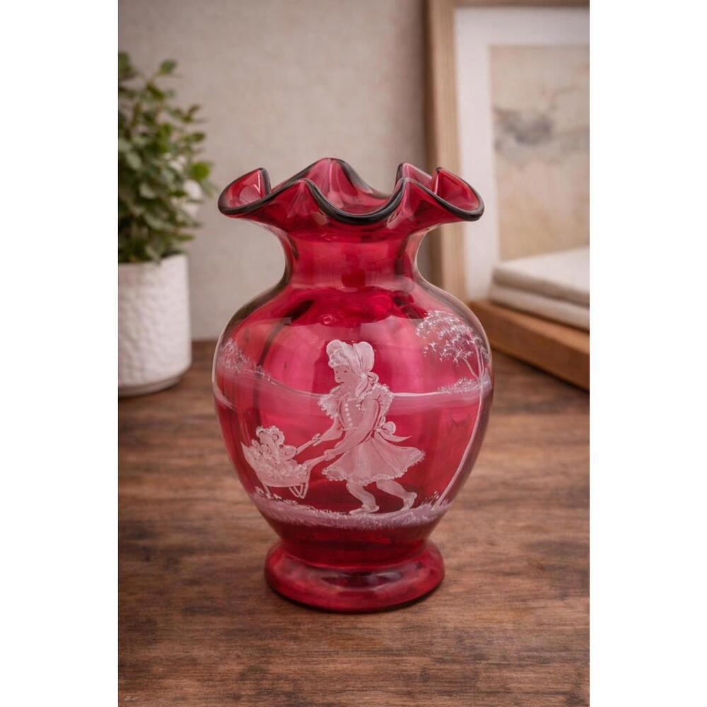 Vintage Fenton Cranberry Mary Gregory Vase Signed LE Girl Scene Original Sticker